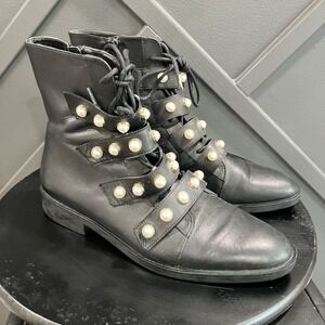 Zara Trafaluc Pearl Embellished Combat Boots Black Lace Up Military Boots 42
